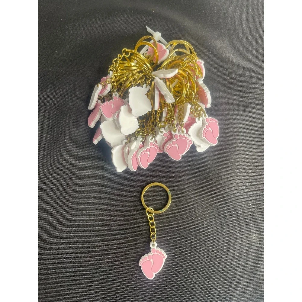 Bulk 50ct Pink Baby Feet Keychains Gold Tone Split‎ Ring Shower Favors Lot